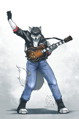5_fingers abstract_background anthro biped black_clothing black_gloves black_hair black_handwear black_nose boots bottomwear chain chain_accessory clothed clothing cosplay denim denim_bottomwear denim_clothing dipstick_tail ear_piercing electric_guitar eyes_closed eyewear fingers footwear front_view fully_clothed fur gloves grey_body grey_fur guitar hair handwear holding_musical_instrument holding_object jacket jeans leather leather_clothing leather_jacket leather_topwear male markings multicolored_tail musical_instrument outline pants parody piercing plucked_string_instrument pose raised_arm shoes solo standing string_instrument sunglasses tail tail_markings text topwear torn_clothing mykegreywolf george_michael myke_greywolf_(character) canid canine canis mammal wolf 2016 2:3 digital_media_(artwork) full-length_portrait hi_res portrait url