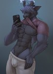 anthro biting_shirt black_body black_fur bulge clothing electronics fur genitals horn male muscular penis penis_base phone selfie simple_background solo freakdan1el arthur_halliwell_(thehiddenperv) angelic_goat bovid caprine goat mammal absurd_res hi_res