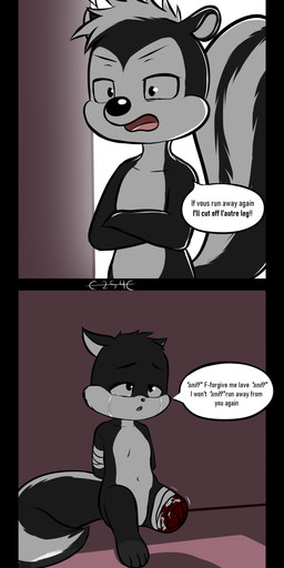 1_missing_limb 4_toes abuse amputated_leg amputation amputee angry anthro bandage bandaged_arm bandaged_leg black_body black_fur blood bodily_fluids bound breasts broken_victim cruelty crying dark dark_humor defeated dialogue disability dominant dominant_anthro dominant_male duo feet female french fur gore hands_behind_back hands_tied kidnapping male male/female male_dominating_female missing_leg missing_limb navel nude prisoner ryona sitting small_breasts small_mouth speech_bubble submissive submissive_anthro submissive_female tears text toes trapped white_body white_fur e254e looney_tunes warner_brothers penelope_pussycat pepe_le_pew domestic_cat felid feline felis mammal mephitid skunk striped_skunk absurd_res comic digital_media_(artwork) english_text french_text hi_res translated