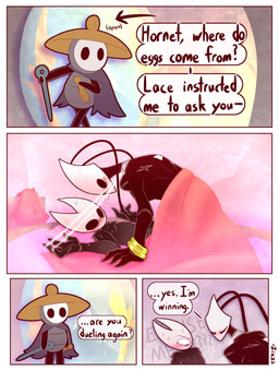 ambiguous_gender anthro bdsm bedding blanket blush bodily_fluids bondage bound dialogue dominant duo female female/female humor interrupted_sex larger_dom scar silk size_difference sweat text zixzs-redlight hollow_knight_(franchise) team_cherry hornet_(hollow_knight) shakra_(hollow_knight:_silksong) sherma_(hollow_knight:_silksong) arthropod comic english_text hi_res
