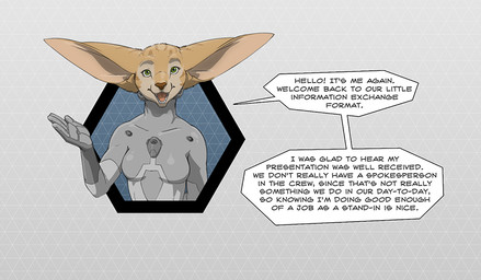 4_fingers anthro big_ears breasts clothing dialogue ears_flat female fingers green_eyes greeting grey_background grey_clothing grey_suit long_ears looking_at_viewer open_mouth simple_background skinsuit skintight_suit solo suit text tight_clothing ipoke neia_(ipoke) felid feline mammal si'itiae english_text