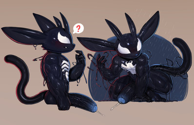 abs antennae_(anatomy) anthro athletic athletic_anthro athletic_male balls biceps black_body blue_glans blue_penis blush bodily_fluids dripping_body fluid-body foreskin genital_fluids genitals glans glistening glistening_body humanoid_genitalia humanoid_penis long_ears male muscular muscular_anthro muscular_male muscular_thighs pecs penis precum question_mark raining solo spiderman_costume vein veiny_muscles veiny_penis white_body cydonia_xia marvel microsoft ori_(series) xbox_game_studios ori_(ori) venom_(marvel) guardian_spirit symbiote 2026 absurd_res crossover hi_res