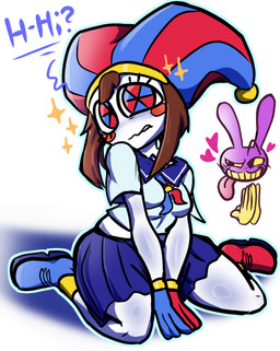 :3 alternate_costume anthro bangs bared_teeth blue_clothing blue_eyes blue_footwear blue_gloves blue_handwear blue_shoes blue_text blush blush_lines blush_stickers bottomwear breasts brown_hair clothing clown crop_top earless embarrassed eyebrows eyelashes female fool's_hat footwear fur gloves hair hands_on_ground hands_together handwear hat headgear headwear heart_symbol hearts_around_head humor jester kneeling long_bangs long_eyelashes looking_at_viewer male mismatched_clothing multicolored_eyes necktie nervous noseless official_alternate_costume one_eye_half-closed purple_body purple_fur question_mark raised_eyebrow red_clothing red_eyes red_footwear red_gloves red_handwear red_shoes school_uniform shirt shoes short_hair simple_background skirt small_breasts socks solo sparkles spread_legs spreading squiggle_mouth stuttering teeth text thick_thighs tongue tongue_out topwear uniform unusual_anatomy white_background white_body wide_hips yellow_clothing yellow_footwear yellow_gloves yellow_handwear yellow_socks yellow_teeth diddlydooter1 glitch_productions meme_clothing the_amazing_digital_circus background_character jax_(tadc) pomni_(tadc) animal_humanoid digital_creature human humanoid lagomorph lagomorph_humanoid leporid_humanoid mammal mammal_humanoid rabbit_humanoid unknown_species digital_drawing_(artwork) digital_media_(artwork) hi_res meme