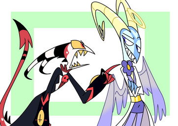 alternate_species alternate_universe angry duo gesture hand_gesture horn male pointing smug tail emositecc hellaverse helluva_boss blitzo_(helluva_boss) angel demon demon_humanoid horned_humanoid humanoid imp tailed_humanoid