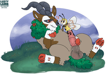 abdominal_bulge ambiguous_penetration blush bodily_fluids duo female feral genitals grass heart_symbol hooves male male/female micro outside penetration penis plant shallow_penetration size_difference stick_calves stick_legs stick_thighs sweat text thin_calves thin_legs thin_thighs conditional_dnp lustylamb nintendo pokemon generation_6_pokemon generation_7_pokemon gogoat pokemon_(species) ribombee url