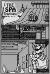 2018 anthro bath bathhouse blush border capt_(character) clothed clothing coat comic dialogue digital_drawing_(artwork) digital_media_(artwork) door drearnydust drearnydust_(artist) duo endery_(character) english_text eye_patch eyewear fur glasses greeting grey_border horn lonelycharart male male/male noom_(species) open_mouth pirate sign simple_background smile standing sweater text topwear