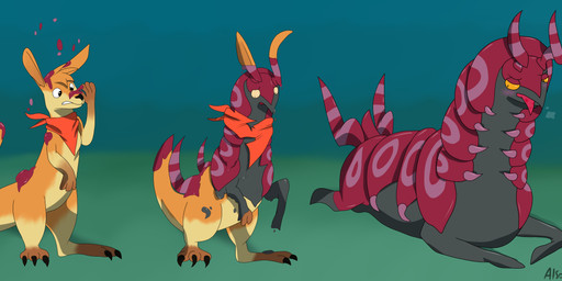 ambiguous_gender base_one_layout basic_sequence blush breath claws clothing feral fur goo_transformation kerchief linear_sequence lying one_row_layout panting simple_background slime solo species_transformation surprised three_frame_image three_frame_sequence transformation transformation_sequence alsoflick nintendo pokemon leety arthropod generation_5_pokemon kangaroo macropod mammal marsupial myriapod pokemon_(species) scolipede 2018 absurd_res hi_res sequence