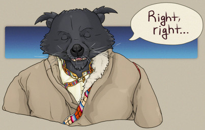 annoyed anthro black_nose clothing collared_shirt dialogue eyes_closed fur fur_tuft grey_body grey_fur language male shirt simple_background solo speech_bubble teeth tibetan tibetan_clothing tongue topwear tuft whiskers xroshtag xroshtag_(artist) rahula_(xroshtag) binturong mammal viverrid bust_portrait portrait