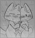 anthro blush chibi duo erection frottage fur genitals male male/male nude open_mouth penile penis sex water wet bj_(artist) doko_demo_issho sony_corporation sony_interactive_entertainment kuro_(doko_demo_issho) toro_inoue domestic_cat felid feline felis mammal digital_drawing_(artwork) digital_media_(artwork) hi_res monochrome