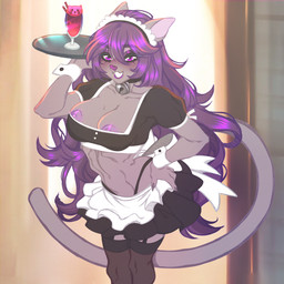 apron areola areola_slip bell big_breasts bottomwear breasts cleavage clothed clothing cuff_(restraint) female garter_straps legwear machine maid_headdress maid_uniform makeup navel neck_bell nipple_slip nipples restraints skirt solo tail thigh_highs uniform wrist_cuffs crystal-for-ever joykill mandy_boo android domestic_cat felid feline felis mammal robot robot_anthro 1:1 hi_res