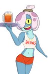 alcohol anthro beer beer_mug beverage bottomwear clothing female flat_chested hooters_uniform hotpants looking_at_viewer open_mouth shirt shorts simple_background solo tank_top teeth tongue topwear white_background young kaze_(artist) amphibia_(series) comedy_central disney hooters raisins_girls south_park maddie_flour amphibian frog 2021 absurd_res hi_res