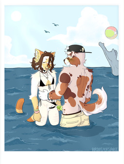 ambiguous_gender andromorph andromorph/male anthro beach bikini biped bodily_fluids clothing cum cum_in_clothing cum_in_panties cum_in_underwear cumshot duo_focus ejaculation embarrassed erection exhibitionism femboy genital_fluids genitals group humanoid_genitalia humanoid_penis intersex intersex/male male mastectomy_scar muscular muscular_anthro muscular_male panties penis public scar self-harm_scars standing swimwear two-piece_swimsuit underwear vulva rroostersauce archer_(rroostersauce) melon_(rroostersauce) canid canine canis domestic_cat domestic_dog felid feline felis mammal siamese hi_res trans_(lore) trans_man_(lore)