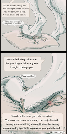 anthro bodily_fluids crush cum duo feet female genital_fluids macro male male/female micro stomping text trampling shiraclawr canid canine canis mammal wolf absurd_res comic english_text hi_res