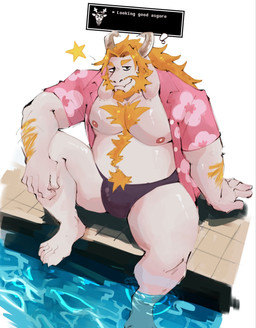 aloha_shirt anthro arm_hair beard belly blonde_hair body_hair chest_hair clothed clothing facial_hair hair horn larger_male looking_at_viewer male male_focus muscular muscular_anthro muscular_male nipples open_clothing open_topwear pattern_clothing pattern_shirt pattern_topwear pecs pink_clothing pink_shirt pink_topwear shirt simple_background sitting size_difference solo speedo swimming_pool swimwear text text_box topwear water white_background white_body hirakie1 deltarune undertale_(series) asgore_dreemurr rudolph_holiday boss_monster_(undertale) bovid caprine goat mammal 2026 digital_media_(artwork) english_text hi_res