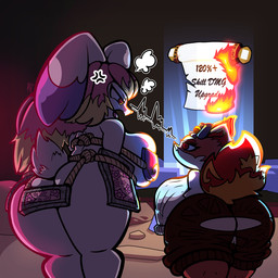 angry anthro belt big_breasts big_butt breasts butt cave clothed clothing duo female fire fur genitals hair horn huge_butt nude open_mouth pink_hair pussy_peek red_body red_eyes red_fur rock rope rope_belt scroll scut_tail short_tail shortstack standing tail thick_thighs tongue topwear vulva white_body white_fur wide_hips puffylover69 gunfire_reborn li_(gunfire_reborn) tao_(gunfire_reborn) canid canine fox lagomorph leporid mammal rabbit red_fox true_fox 1:1 2022 digital_media_(artwork)
