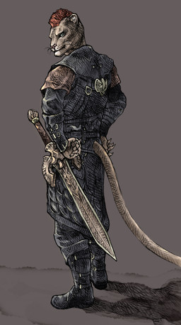 anthro fur green_eyes hair male melee_weapon nails red_hair solo sword tail weapon yellow_body yellow_fur tomato_(artist) bethesda_game_studios microsoft the_elder_scrolls the_elder_scrolls_online razum-dar domestic_cat felid feline felis khajiit mammal