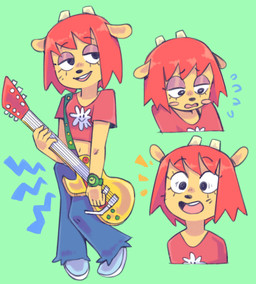 alternative_fashion anthro clothed clothing crop_top electric_guitar female fur glistening_eyelids guitar hair lidded_eyes midriff musical_instrument navel orange_body orange_fur plucked_string_instrument red_hair shirt solo string_instrument topwear y2k_(fashion) graskip parappa_the_rapper sony_corporation sony_interactive_entertainment um_jammer_lammy lammy_lamb bovid caprine mammal sheep absurd_res colorful_theme digital_drawing_(artwork) digital_media_(artwork) hi_res