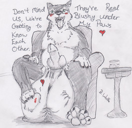 balls big_balls blush chair claws cock_vore feet foot_fetish foot_on_balls furniture genitals hindpaw imprints knot knotted_penis paws penile penis text toe_claws vore burgundy_wolf burgundy_wolf_(character) canid canine canis mammal wolf english_text hi_res