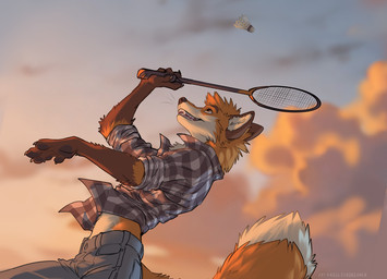 anthro biped bottomwear claws clothed clothed_anthro clothed_male clothing cloud countershade_torso countershading fingers fully_clothed fully_clothed_anthro fully_clothed_male fur hair male outside sky smile solo standing tail teeth topwear koul canid canine fox mammal 2026 digital_drawing_(artwork) digital_media_(artwork)