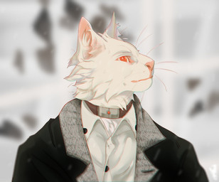 anthro black_clothing black_jacket black_topwear blurred_background brown_collar cheek_tuft clothed clothing collar facial_tuft front_view fur glistening glistening_eyes jacket looking_up male monotone_body monotone_fur mouth_closed neck_tuft pink_nose pupils red_eyes slit_pupils solo topwear tuft unsigned whiskers white_body white_clothing white_fur white_topwear justkiddinb domestic_cat felid feline felis mammal bust_portrait portrait