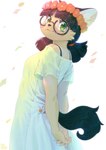 2019 accessory adolescent anthro aruurara bangs black_nose black_tail bra_strap brown_ears brown_hair canid canine clothed clothing dress eyewear female flower flower_in_hair flower_wreath fur furgonomics glasses green_eyes hair hair_accessory hands_behind_back head_turned hi_res interlocked_fingers kemono looking_at_viewer mammal meme_(aruurara) petals pigtails plant side_view solo tail tail_through_skirt tan_body tan_fur young young_female