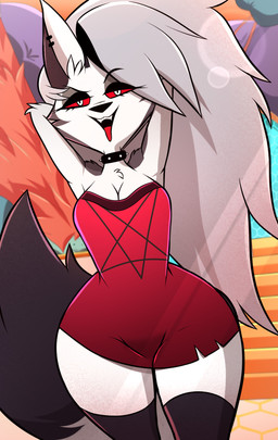 anthro clothing collar dress female fur hands_behind_head looking_at_viewer piercing red_clothing red_dress red_sclera solo tongue tongue_out white_body white_fur zerrymon hellaverse helluva_boss mythology loona_(helluva_boss) canid canid_demon canine demon hellhound mammal mythological_canine mythological_creature hi_res