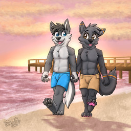 4_toes 5_fingers anthro beach bottomwear claws clothing duo feet fingers hand_holding male male/male navel open_mouth open_smile outside pawpads pier seaside shorts smile sunset toes walking gaokun canid canine canis mammal wolf 1:1 2022 hi_res watermark