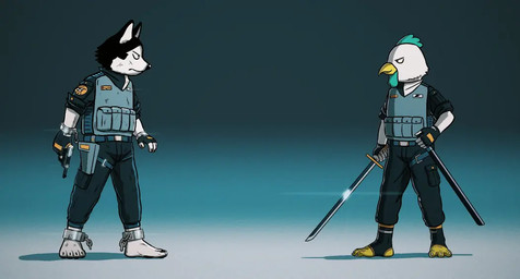 3_toes 4_toes anthro barefoot bound chain chained clothed clothing cuff_(restraint) duo feet footwear fully_clothed gun handgun male melee_weapon plantigrade police ranged_weapon restraints shackles socks stirrup_socks sword toes uniform weapon tonyhsq tony_(tonyhsq) avian bird canid canine canis chicken domestic_dog galliform husky mammal nordic_sled_dog phasianid spitz
