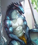 abs anthro biceps blue_body blue_eyes blue_scales bottomwear clothing horn loincloth male multi_horn muscular muscular_anthro muscular_male neck_spikes open_mouth pecs scales sitting solo spread_legs spreading tongue water wet wet_body wet_scales afd-yred koutanagamori lizard lizardman reptile scalie 2022 digital_media_(artwork)