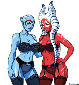 big_breasts blue_body blue_eyes blue_skin bra breasts clothing collarbone duo eyebrows eyelashes female garter_belt garter_straps glistening glistening_body glistening_breasts glistening_skin hand_on_hip legwear lekku_(anatomy) lingerie markings navel not_furry panties red_body red_skin smile stockings underwear jaywilliamzart bioware electronic_arts mass_effect star_wars samara shaak_ti alien alien_humanoid asari humanoid togruta 2026 hi_res