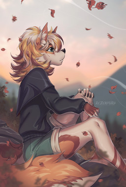 anthro black_clothing black_nose black_sweater black_topwear blonde_hair blurred_background bottomwear brown_body brown_fur brown_hair brown_markings clothed clothing female fluffy fluffy_tail fur green_bottomwear green_clothing green_eyes green_shorts hair heart_(marking) humanoid_hands inner_ear_fluff leaf markings mountain mouth_closed multicolored_body multicolored_fur multicolored_hair multicolored_tail orange_body orange_fur orange_markings pointy_ears prick_ears rock shorts side_view sitting sitting_on_ground snout solo sweater tail text topwear tuft white_body white_fur white_hair wind tlt_echelon tabby_(finsowo) canid canine canis domestic_dog mammal 2023 artist_name digital_media_(artwork) hi_res shaded soft_shading url watermark