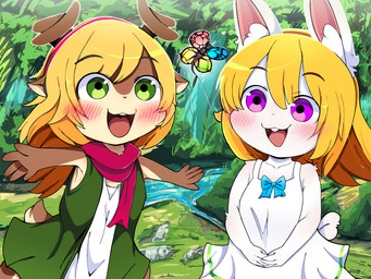 anthro blonde_hair duo female forest fur hair happy looking_up outside plant ribbons shawl tree yellow_body yellow_fur young young_female nekomo jocelyn_(railjet) skye_(railjet) arthropod butterfly deer insect lagomorph lepidopteran leporid mammal rabbit absurd_res hi_res