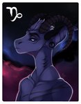 anthro astrological_symbol black_ears border bust_portrait capricorn_(symbol) chest_scar cosmic_background ear_piercing gauged_ear gills grey_sclera hair horn male mouth_closed narrowed_eyes nebula neck_gills nude piercing portrait pupils ridged_horn riorix scar short_hair signature slit_pupils solo space space_background species_request star symbol western_zodiac_symbol white_body white_border white_eyes white_hair white_inner_ear