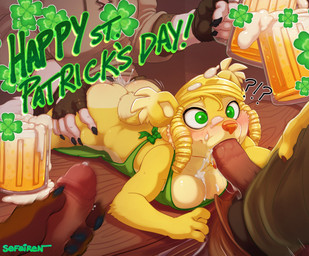 alcohol anthro apron balls beer beer_foam beverage blonde_hair blush bodily_fluids bottomwear bow_(feature) breasts brown_body brown_fur butt butt_grab claws clothing clover_(plant) clover_leaf container cum cum_in_mouth cum_in_vagina cum_inside cum_on_breasts cum_on_face cup drill_curls ear_tuft erection fellatio female foam four_leaf_clover fur gangbang genital_fluids genitals gloves green_eyes grey_body grey_fur group group_sex hair hand_on_belly hand_on_butt handwear holidays leaf lying male male/female masturbation mug on_front oral pants penile penis plant precum saliva sex shirt size_difference spitroast tongue tongue_out topwear tuft vaginal white_body white_fur yellow_body yellow_fur conditional_dnp sefeiren st._patrick's_day bear canid canine mammal