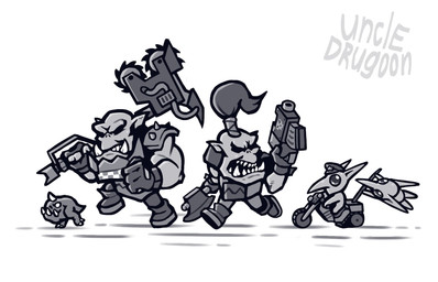 angry armor axe bald bolter chainaxe chibi clothing gloves group hair handwear male male_humanoid motorcycle not_furry pointy_ears running shaded_face sharp_teeth shoulder_pads teeth tied_hair vehicle uncle_drugoon warhammer_(franchise) warhammer_40000 humanoid ork 2026 digital_drawing_(artwork) digital_media_(artwork) greyscale hi_res monochrome