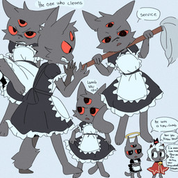 3_eyes ambiguous_anthro ambiguous_gender anthro barefoot bell bell_collar cleaning_tool clenched_teeth clothing collar dialogue feet fur holding_cleaning_tool holding_mop holding_object maid_uniform mop multi_eye multiple_poses pose red_eyes speech_bubble talking_to_another teeth text uniform walking xamsdy cult_of_the_lamb massive_monster_(studio) lamb_(cult_of_the_lamb) narinder bovid caprine domestic_cat felid feline felis mammal sheep 1:1 digital_drawing_(artwork) digital_media_(artwork) english_text hi_res
