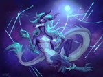 anthro blue_body blue_scales claws constellation countershading finger_claws floating flowing_hair hair horn long_hair long_tail looking_at_viewer male nude scales solo space spacescape star tail toe_claws klongi mythology dragon mythological_creature mythological_scalie scalie 2024 hi_res