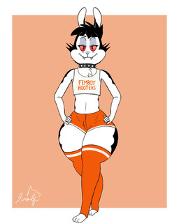 anthro bedroom_eyes big_butt black_body black_collar black_ears black_fur black_hair bottomwear bulge butt clothing collar crop_top fangs front_view fur hair half-closed_eyes hands_on_hips hands_on_own_hips hotpants legwear long_ears looking_at_viewer male minishorts multicolored_body multicolored_bottomwear multicolored_clothing multicolored_crop_top multicolored_fur multicolored_legwear multicolored_shirt multicolored_shorts multicolored_thigh_highs multicolored_topwear narrowed_eyes orange_bottomwear orange_clothing orange_crop_top orange_hotpants orange_legwear orange_shirt orange_shorts orange_thigh_highs orange_topwear pink_sclera red_eyes seductive sharp_teeth shirt shorts smile solo spiked_collar spikes standing teeth text text_on_clothing text_on_crop_top text_on_topwear thick_thighs thigh_highs topwear two_tone_body two_tone_bottomwear two_tone_clothing two_tone_crop_top two_tone_fur two_tone_hotpants two_tone_legwear two_tone_shirt two_tone_shorts two_tone_thigh_highs two_tone_topwear white_body white_bottomwear white_clothing white_crop_top white_fur white_hotpants white_legwear white_nose white_shorts white_thigh_highs white_topwear ivolflobogris bunnicula_(series) femboy_hooters hooters bunnicula lagomorph leporid mammal rabbit vampire 2026 digital_media_(artwork) hi_res signature