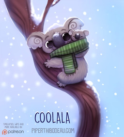 age_difference ambiguous_gender black_eyes claws duo eyes_closed feral fur grey_body grey_fur humor plant pun scarf size_difference smile snow tree visual_pun winter young piper_thibodeau koala mammal marsupial vombatiform digital_media_(artwork) digital_painting_(artwork) painting_(artwork) parent_(lore) parent_and_child_(lore)