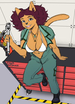 anthro big_breasts black_hole blue_nails bra breasts clothed clothing colored_nails eyebrow_piercing facial_piercing female fire_extinguisher hair holding_object jewelry jumpsuit mechanic multiple_piercings nails navel navel_piercing necklace nose_piercing partially_clothed piercing purple_hair septum_piercing shell solo toolbox underwear gulasauce_(artist) katrina_del_mar domestic_cat felid feline felis majarean mammal absurd_res hi_res