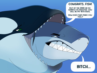 blue_eyes duo female female_pred feral feral_pred feral_prey green_eyes in_mouth male male_prey oral_vore profanity shark_teeth speech_bubble text underwater vore water dolphinproject bauer_(dolphinproject) gina_(fischie) aquatic cetacean dolphin fish great_white_shark mackerel_shark mammal oceanic_dolphin orca shark toothed_whale white_shark 2026 english_text hi_res