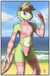 anthro armwear beach blue_sky border bottomwear bulge clothing day fingerless_armwear fur green_body green_fur high_waisted_bottomwear legwear looking_at_viewer male midriff navel outside pattern_armwear pattern_clothing pattern_legwear pink_clothing sand seaside sky solo striped_armwear striped_clothing striped_legwear stripes teeth tongue water white_border megawolf77 american_opossum mammal marsupial 2021 2:3 absurd_res hi_res