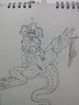 anthro blush breasts clothing female genitals hair heart_symbol nipples non-mammal_breasts nude panties piercing pussy solo underwear lotusshade fallout microsoft deathclaw scalie 3:4 absurd_res hi_res traditional_media_(artwork)