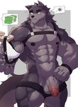abs absurd_res anthro barazoku big_muscles canid canine clothing flaccid foreskin genitals harness hi_res holding_clothing holding_object holding_underwear humanoid_genitalia humanoid_penis male mammal money muscular muscular_male offering_money pecs penis rann solo tail underwear vein veiny_penis
