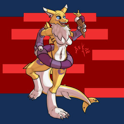 dessert ear_piercing food furgonomic_piercing furgonomics gauged_ear happy ice_cream inflatable piercing pool_float sharp_teeth tail tail_piercing teeth destruteka bandai_namco digimon aquatic canid digimon_(species) fish hybrid mammal renamon shark 1:1 alpha_channel