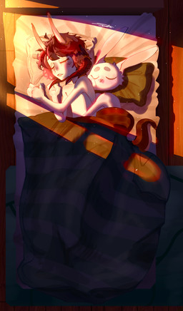 anthro clothed clothing couples duo horn hug hugging_another hugging_from_behind humanoid_on_anthro male male/male male_anthro male_humanoid morning romantic romantic_couple sleeping sleeping_together tail tail_hug tired topless topless_anthro topless_humanoid topless_male amygdalaonpoint deltart final_fantasy final_fantasy_xiv square_enix shanri_lunae au_ra horned_humanoid humanoid lagomorph leporid mammal rabbit scalie absurd_res hi_res