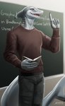 5_fingers anthro blue_eyes book bottomwear chalkboard classroom claws clothing fin fingers gesture gills grey_bottomwear grey_clothing grey_pants head_fin information_board inside male open_mouth pants purple_eyes raised_arm red_clothing red_shirt red_topwear school sharp_teeth shirt solo standing teacher teaching teeth text topwear amon-sydonai lysander_hano blacktip_shark carcharhinus fish humanoid marine requiem_shark shark absurd_res hi_res