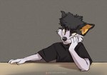 2022 5_fingers anthro black_body black_fur black_hair canid canine canis clothed clothing collar digital_media_(artwork) domestic_dog fingers fur hair koul male mammal solo yellow_eyes
