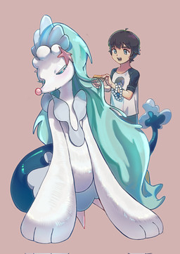ambiguous_gender anthro blue_eyes blue_hair blush brown_hair clothing comb duo eyebrows eyelashes gem hair male narrowed_eyes open_mouth pearl_(gem) personal_grooming shirt simple_background size_difference smile social_grooming split_form starfish_(accessory) tail teeth tongue topwear white_body young young_human young_male inu_artist nintendo pokemon aquatic asterozoan echinoderm generation_7_pokemon human mammal pokemon_(species) popplio primarina starfish 2026 hi_res