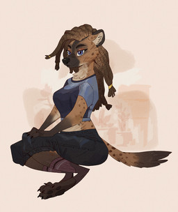 3_toes anthro black_coded black_pawpads blue_eyes bottomwear braided_hair claws clothing crop_top denim denim_bottomwear denim_clothing dreadlocks eyeshadow facial_markings feet female fluffy fluffy_tail footwear hair hands_on_lap head_markings jeans long_tail makeup markings midriff neck_tuft on_ground pants pawpads paws round_ears shirt simple_background sitting snout snout_markings socks soles solo tail tied_hair toe_claws toeless_footwear toeless_socks toes topwear tuft ruffu ruffus_hyena unnamed_character hyena mammal digital_drawing_(artwork) digital_media_(artwork)